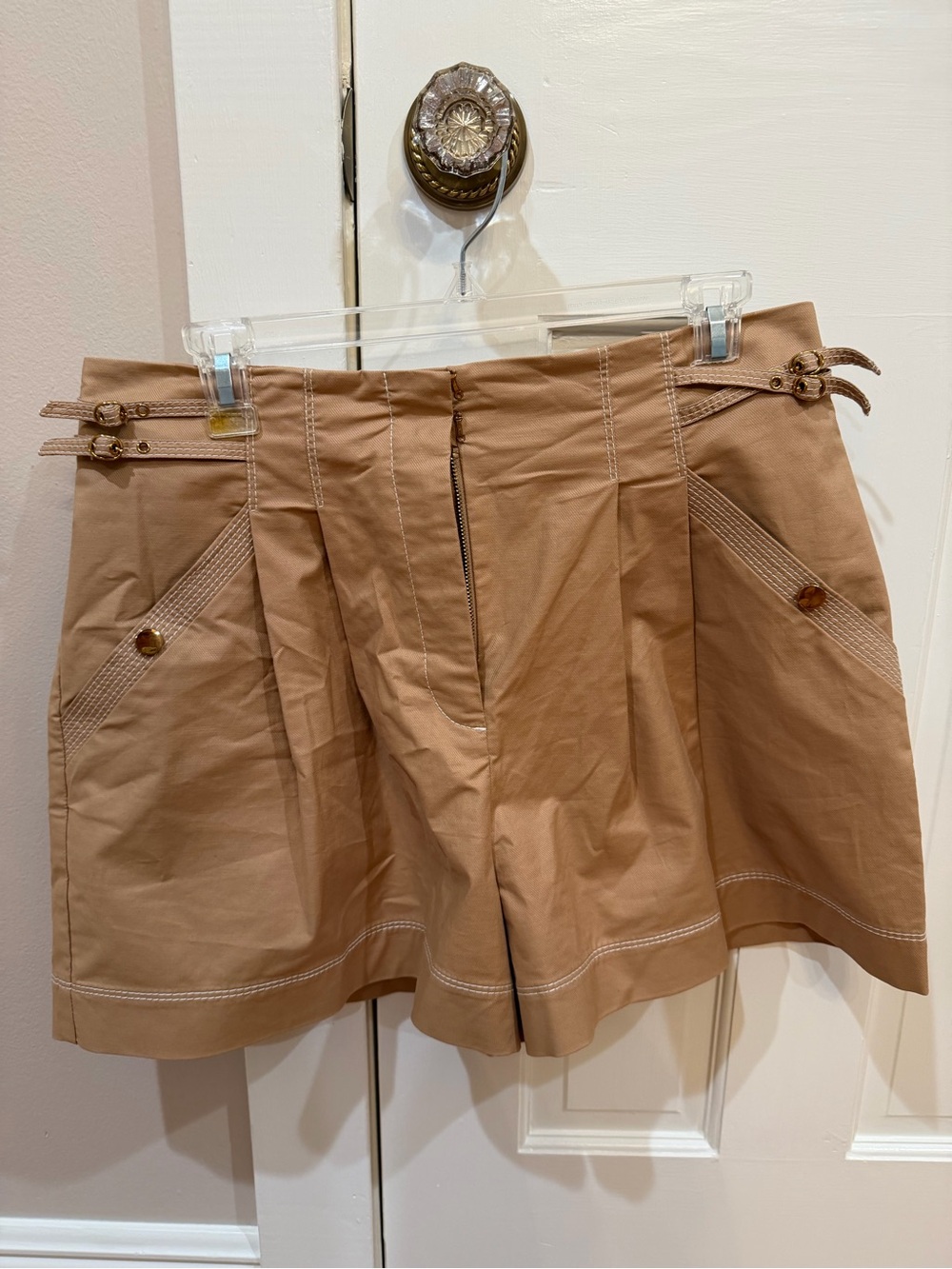 Veronica Beard Camel/Tan High-Waist Bermuda Shorts with Side Buckles